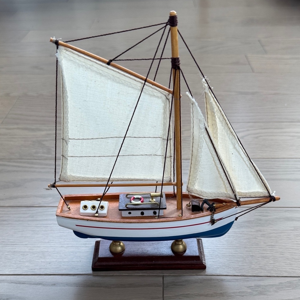 Wooden Sailboat Model with Cream Sails